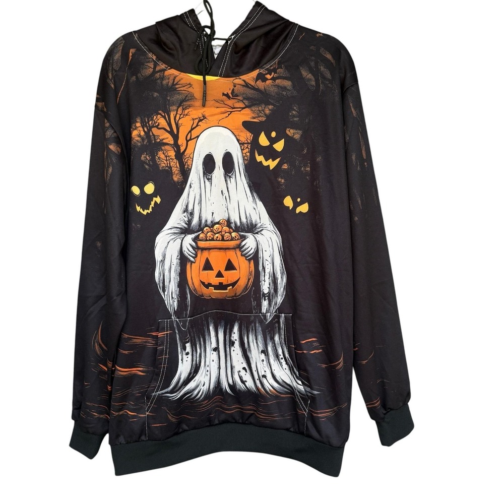 Ghost Pumpkin Hoodie Mens XL Black Halloween Jack O Lantern Pullover Sweatshirt